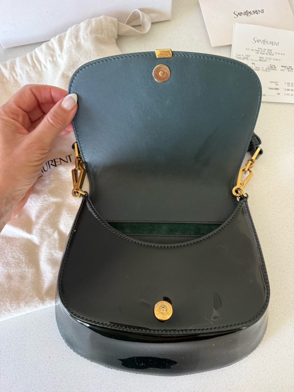 Saint Laurent Dark Green Patent Leather Top Handle Bag - Picture 2 of 6